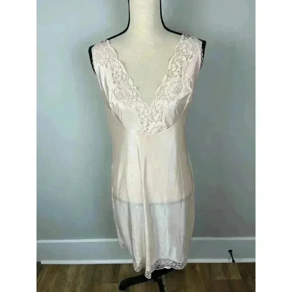 Vtg 50s Stretta Nylon Nightgown Babydoll Midi Light Pink Lace Slip Dress S/M